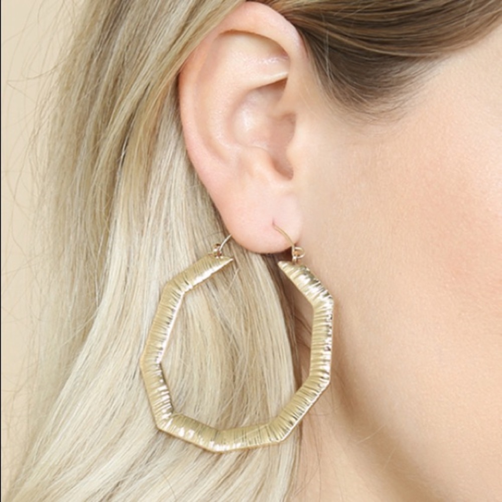 Gold Brushed Metal Octagon Hoop Earrings